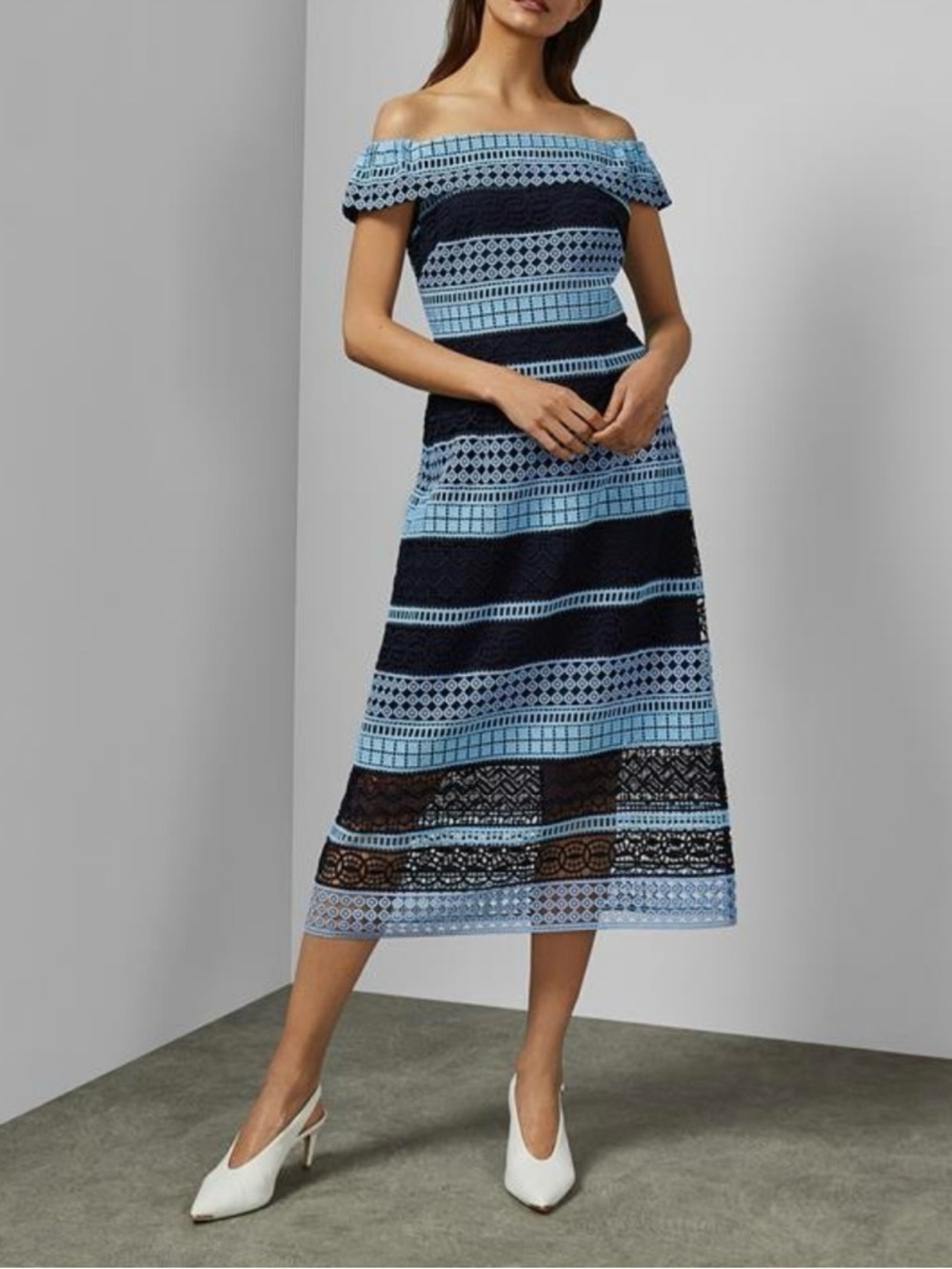 Ted Baker London Lace Crochet Lace Candaca Bardot Off Shoulder Blue Midi Dress